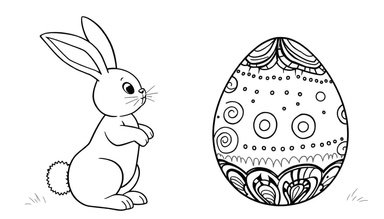 Un conejito de Pascua de color blanco y negro con un huevo decorado, listo para colorear.