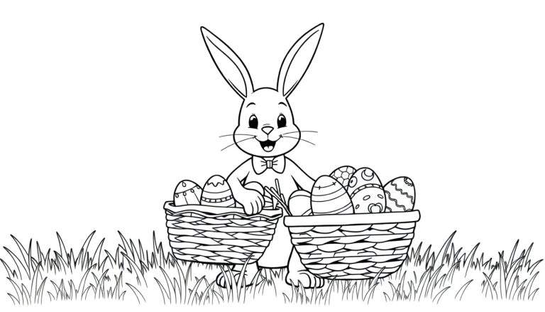 Placa de color de un conejito de Pascua con cestas de huevos.
