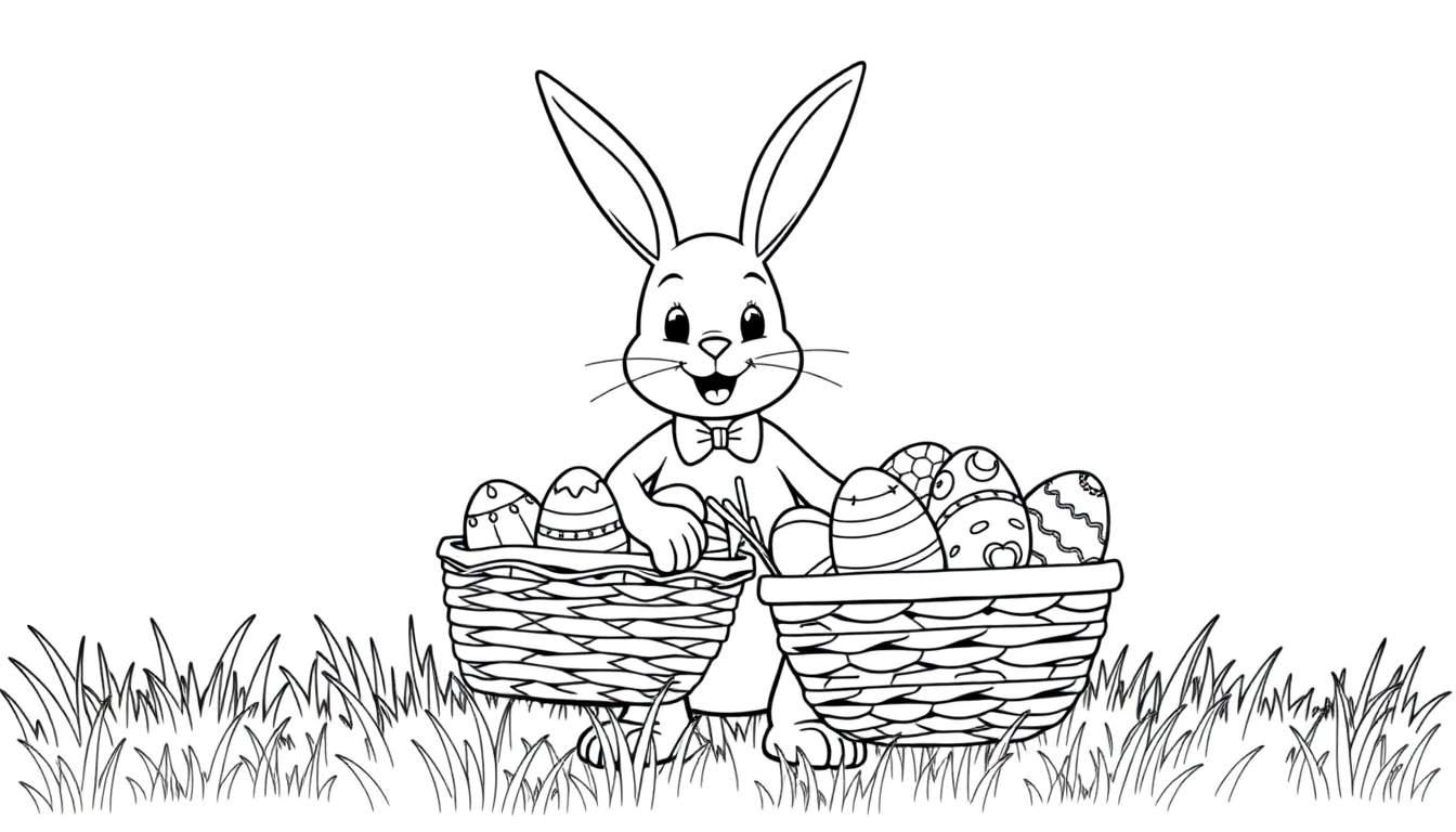 Placa de color de un conejito de Pascua con cestas de huevos.