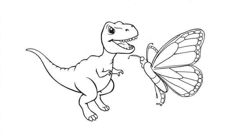 Un dinosaurio sonriente con una mariposa en su cara, una placa de color para niños.