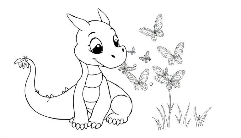 Placa de color de un dragón bebé amigable con mariposas.