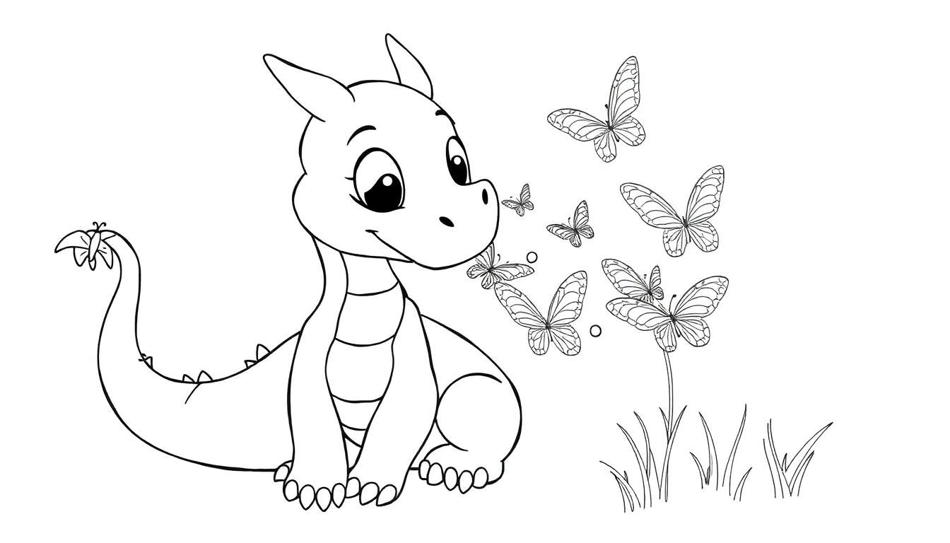 Placa de color de un dragón bebé amigable con mariposas.