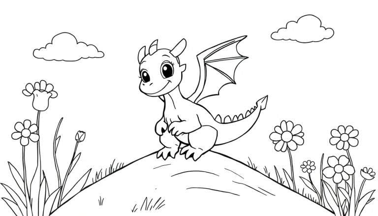 Un dragón de caricatura sentado en una colina con flores y nubes, listo para colorear en una placa de color.