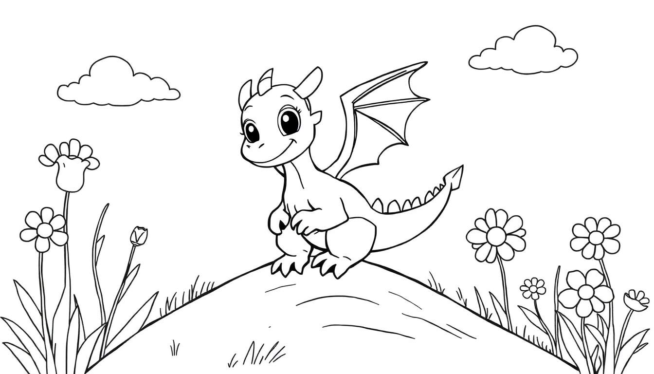 Un dragón de caricatura sentado en una colina con flores y nubes, listo para colorear en una placa de color.