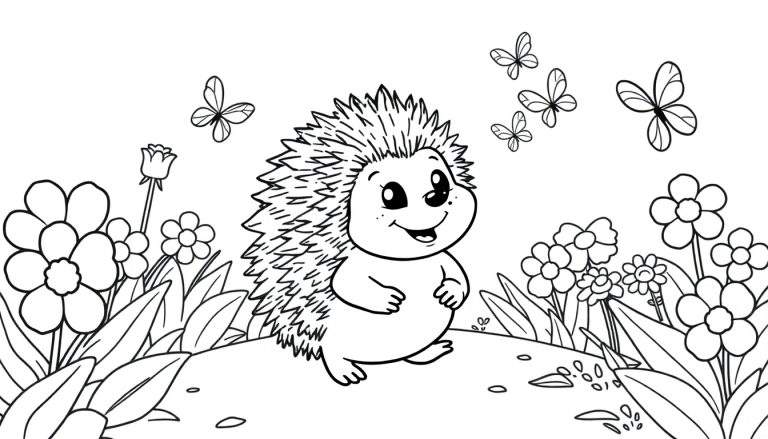 Un erizo sonriente sentado en una colina en un jardín, rodeado de flores y mariposas. Dibujo para colorear de placa.