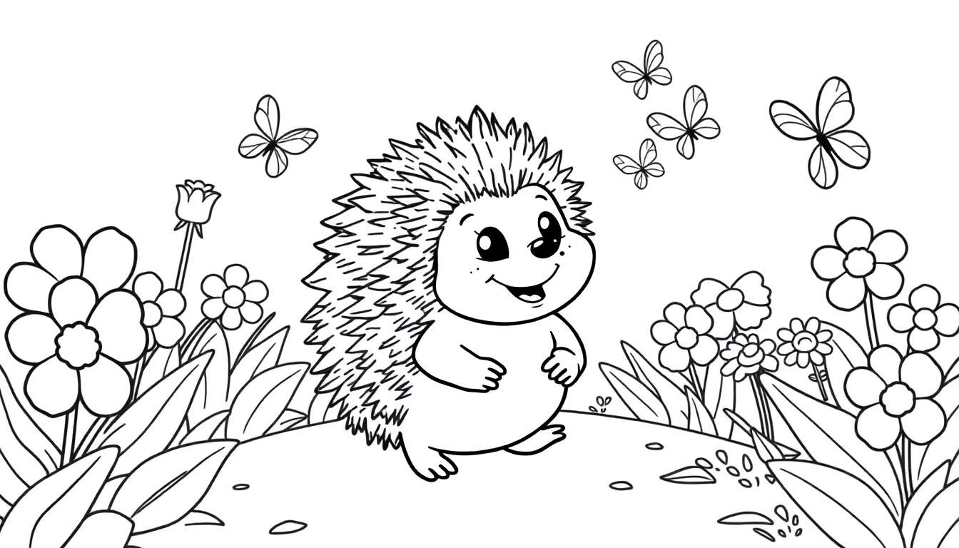 Un erizo sonriente sentado en una colina en un jardín, rodeado de flores y mariposas. Dibujo para colorear de placa.
