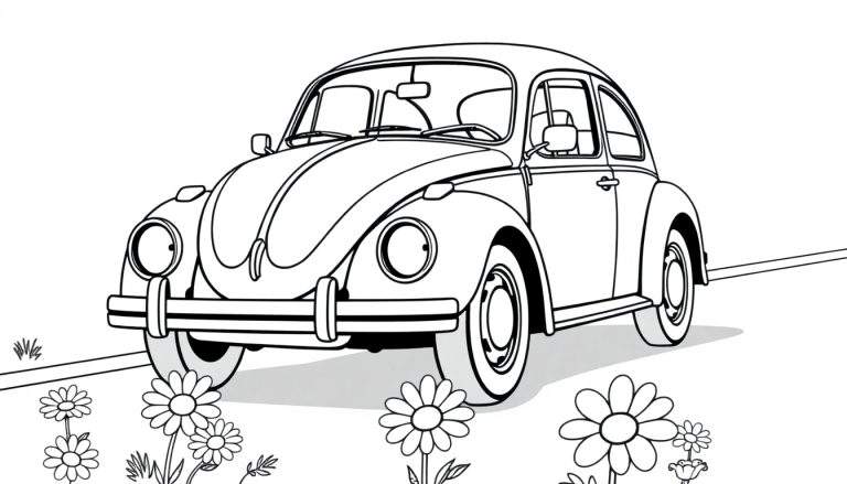 Placa de color de un escarabajo Volkswagen clásico con flores.