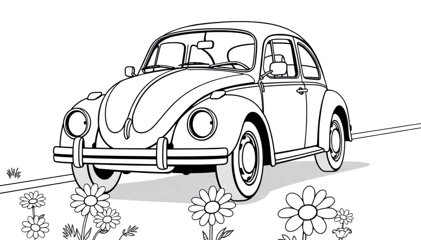 Placa de color de un escarabajo Volkswagen clásico con flores.