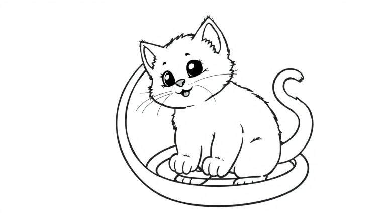 Un gatito de dibujos animados sentado en una placa de color con aros.