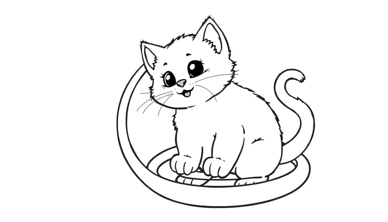 Un gatito de dibujos animados sentado en una placa de color con aros.
