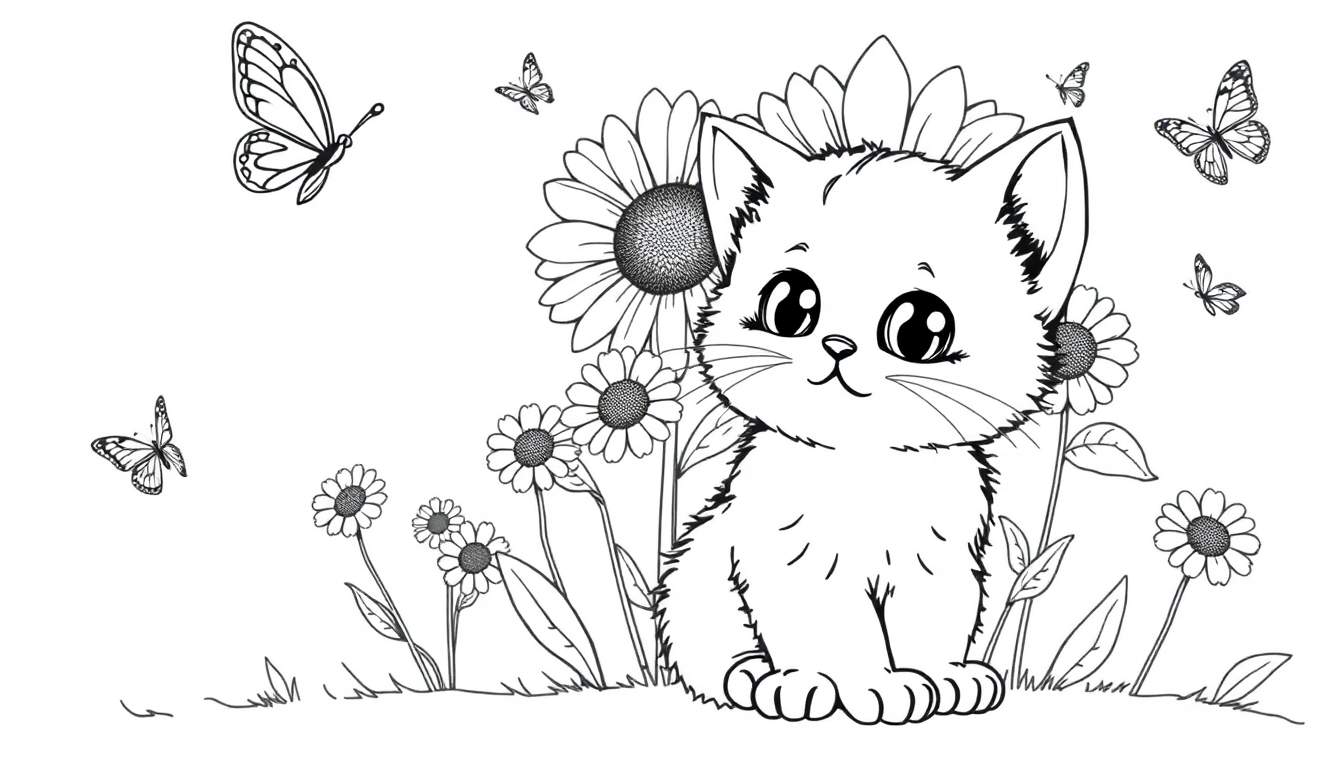 Placa de color de un gatito juguetón rodeado de flores y mariposas.