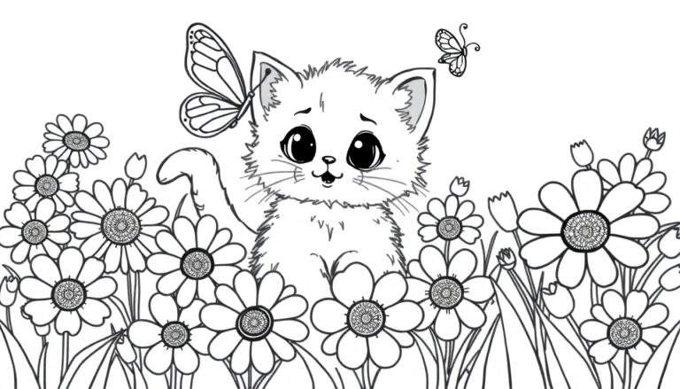 Placa de color de un gatito jugando con una mariposa entre margaritas.