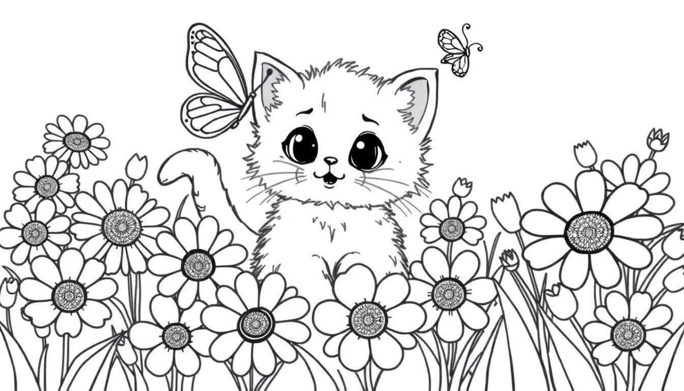Placa de color de un gatito jugando con una mariposa entre margaritas.