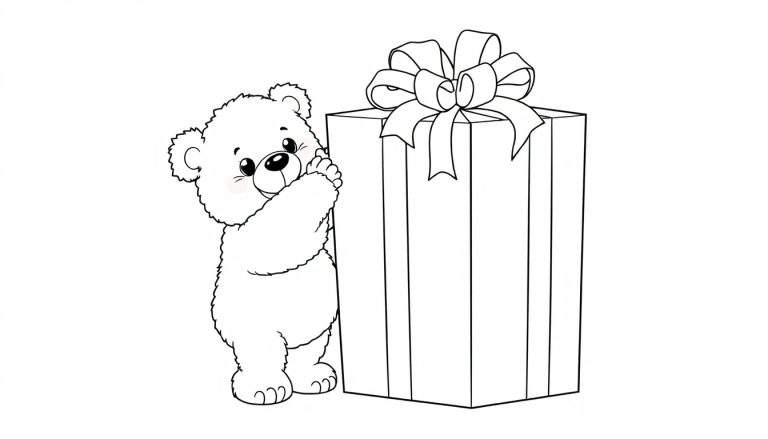 Oso de peluche abriendo una placa de color gigante.