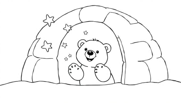 Oso polar sonriente en un iglú, página para colorear con estrellas, placa de color.