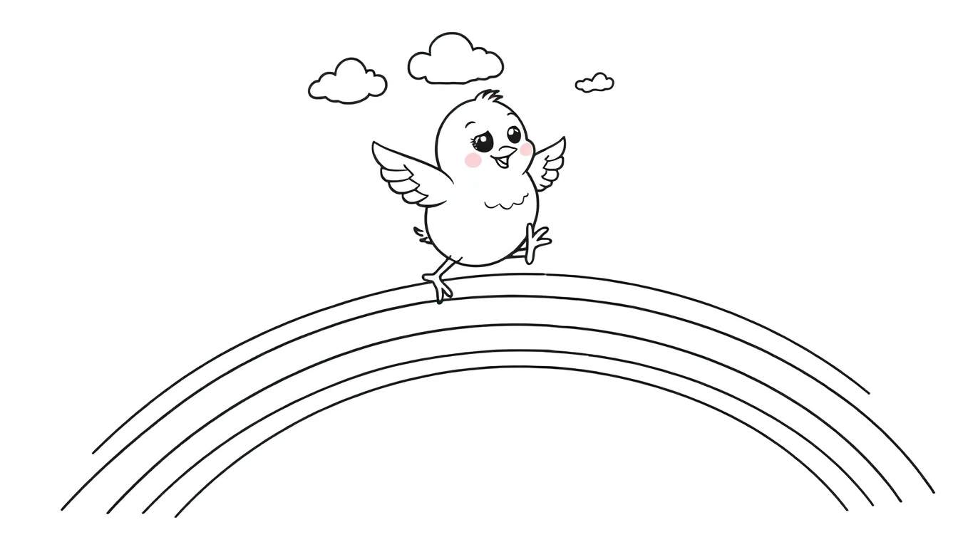Placa de color de un pollito feliz corriendo sobre un arcoíris.