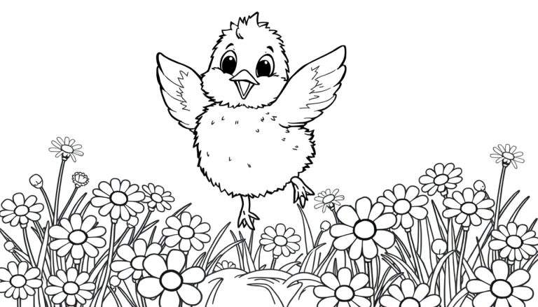 Placa de color de un pollito feliz volando entre margaritas.