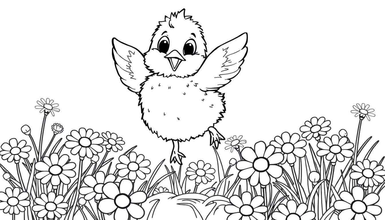 Placa de color de un pollito feliz volando entre margaritas.