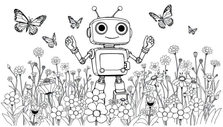 Placa de color de un robot amigable contando mariposas en un campo de flores.
