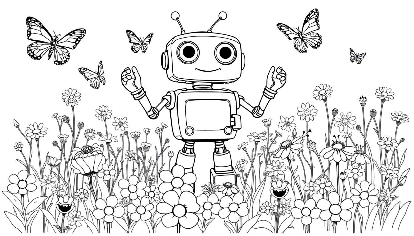 Placa de color de un robot amigable contando mariposas en un campo de flores.