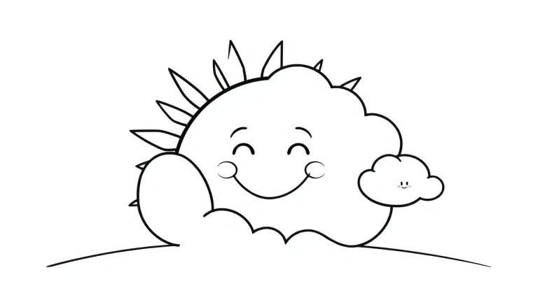 Una placa de color de una nube sol sonriente y amigable.