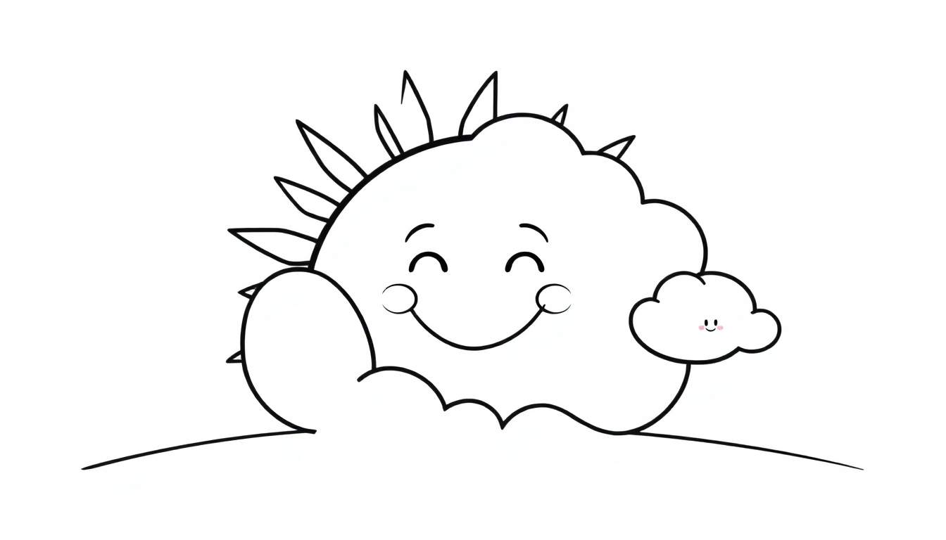 Una placa de color de una nube sol sonriente y amigable.