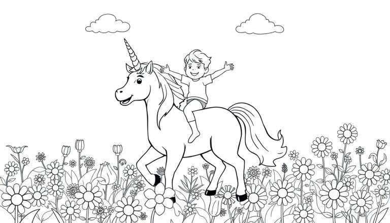 Placa de color: niño sonriente en un unicornio mágico rodeado de flores y nubes.