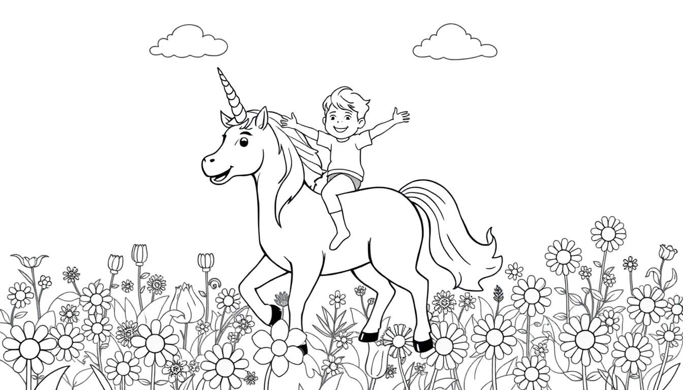 Placa de color: niño sonriente en un unicornio mágico rodeado de flores y nubes.
