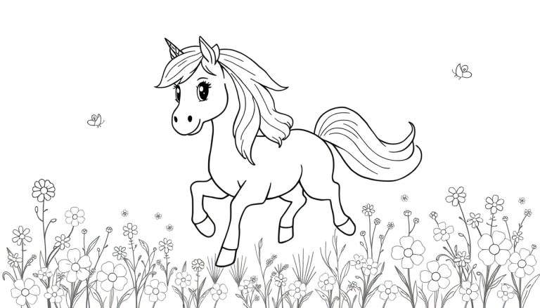 Un unicornio amigable galopando por un campo de flores, listo para colorear.