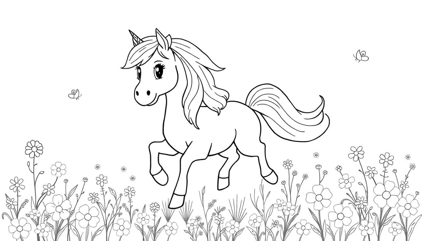 Un unicornio amigable galopando por un campo de flores, listo para colorear.
