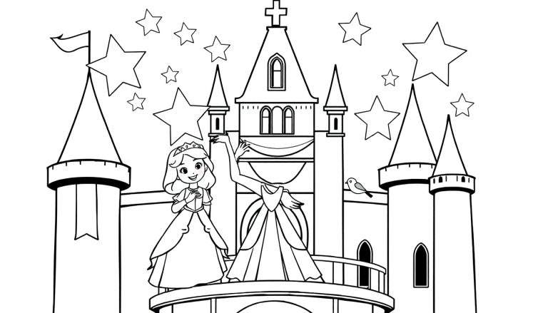 Princesa sonriente junto a un castillo mágico, lista para ser coloreada en esta placa de color.