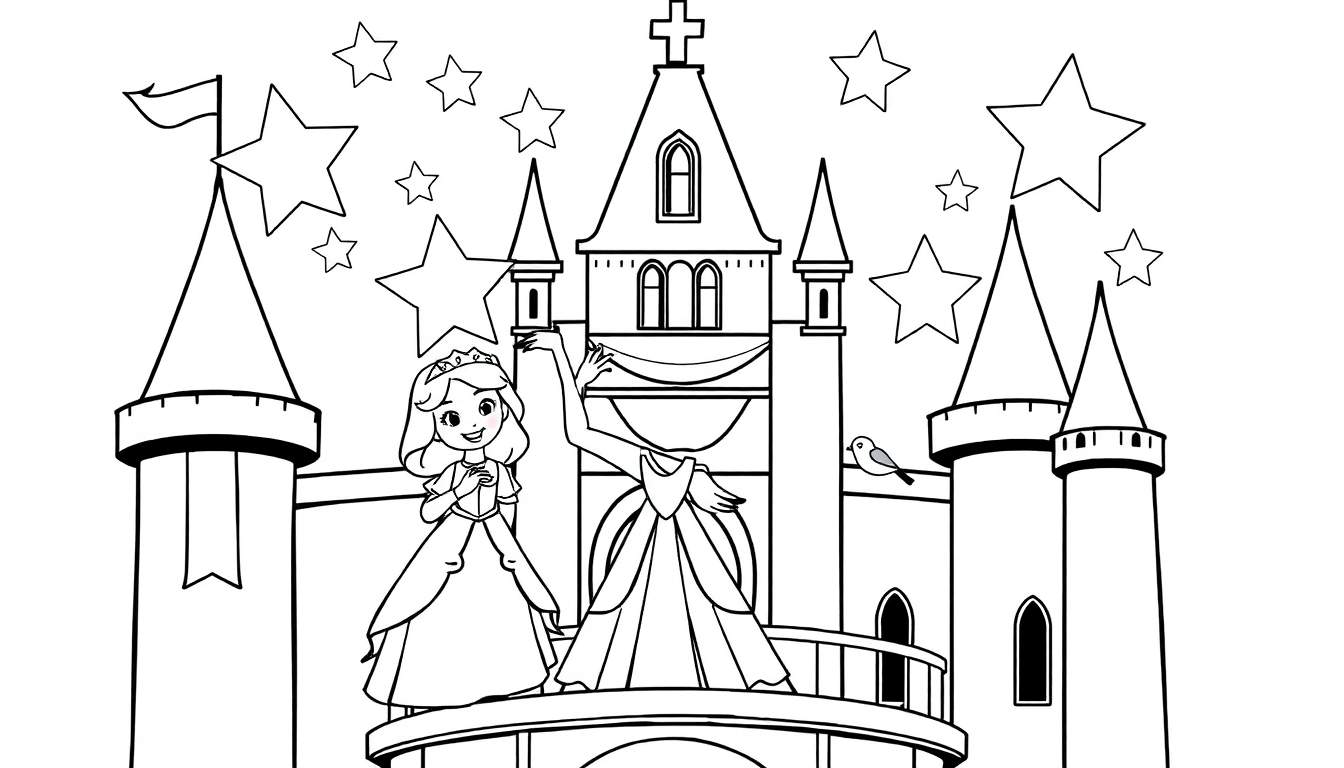 Princesa sonriente junto a un castillo mágico, lista para ser coloreada en esta placa de color.