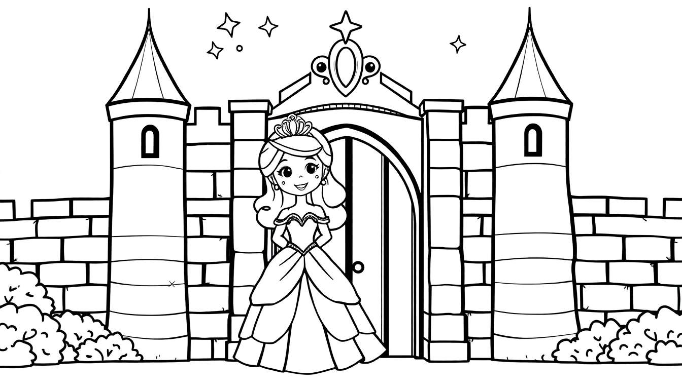 Una linda princesa sonriente con tiara y vestido largo frente a un castillo, lista para ser coloreada en esta placa.