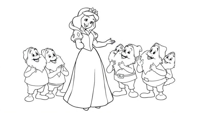 Una placa de color de Blancanieves y los siete enanitos saludando.