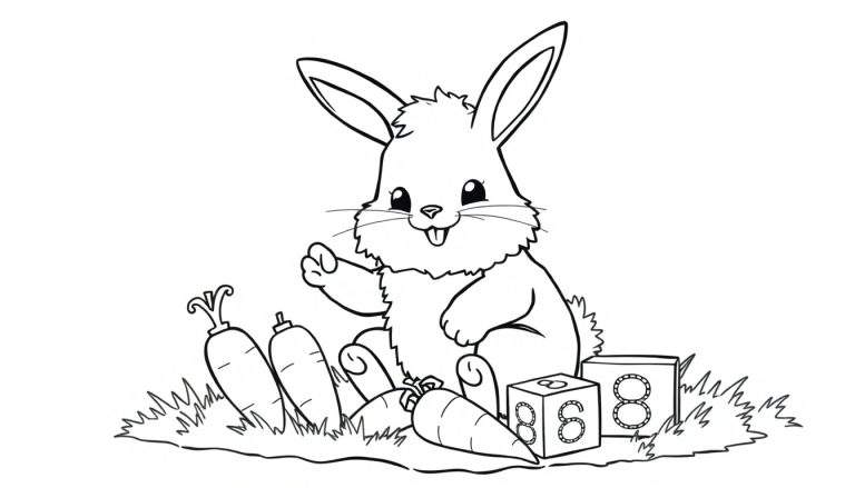 Un conejito feliz jugando con bloques de números y zanahorias, página para colorear de la placa de color.