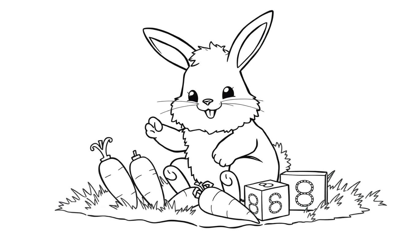 Un conejito feliz jugando con bloques de números y zanahorias, página para colorear de la placa de color.