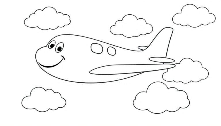 Un avión de dibujos animados sonriente volando entre nubes, listo para colorear.