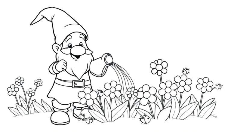 Un gnomo sonriente con un gorro puntiagudo y una barba regando flores coloridas en un jardín, como en una placa de color.