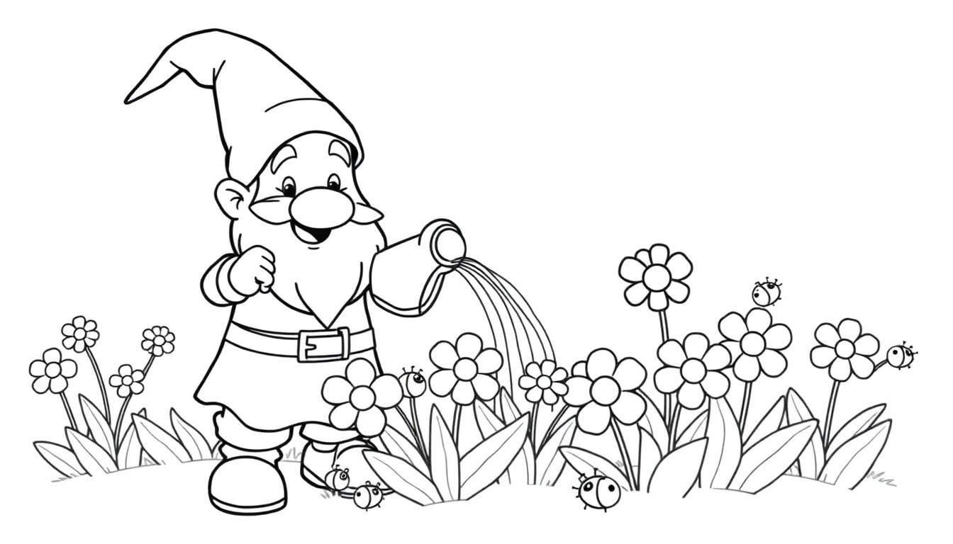 Un gnomo sonriente con un gorro puntiagudo y una barba regando flores coloridas en un jardín, como en una placa de color.