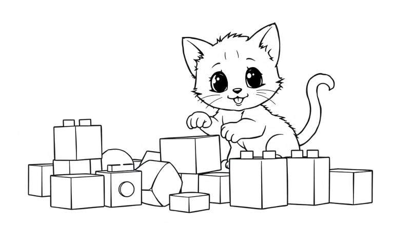 Un gatito adorable jugando con una placa de color de bloques.