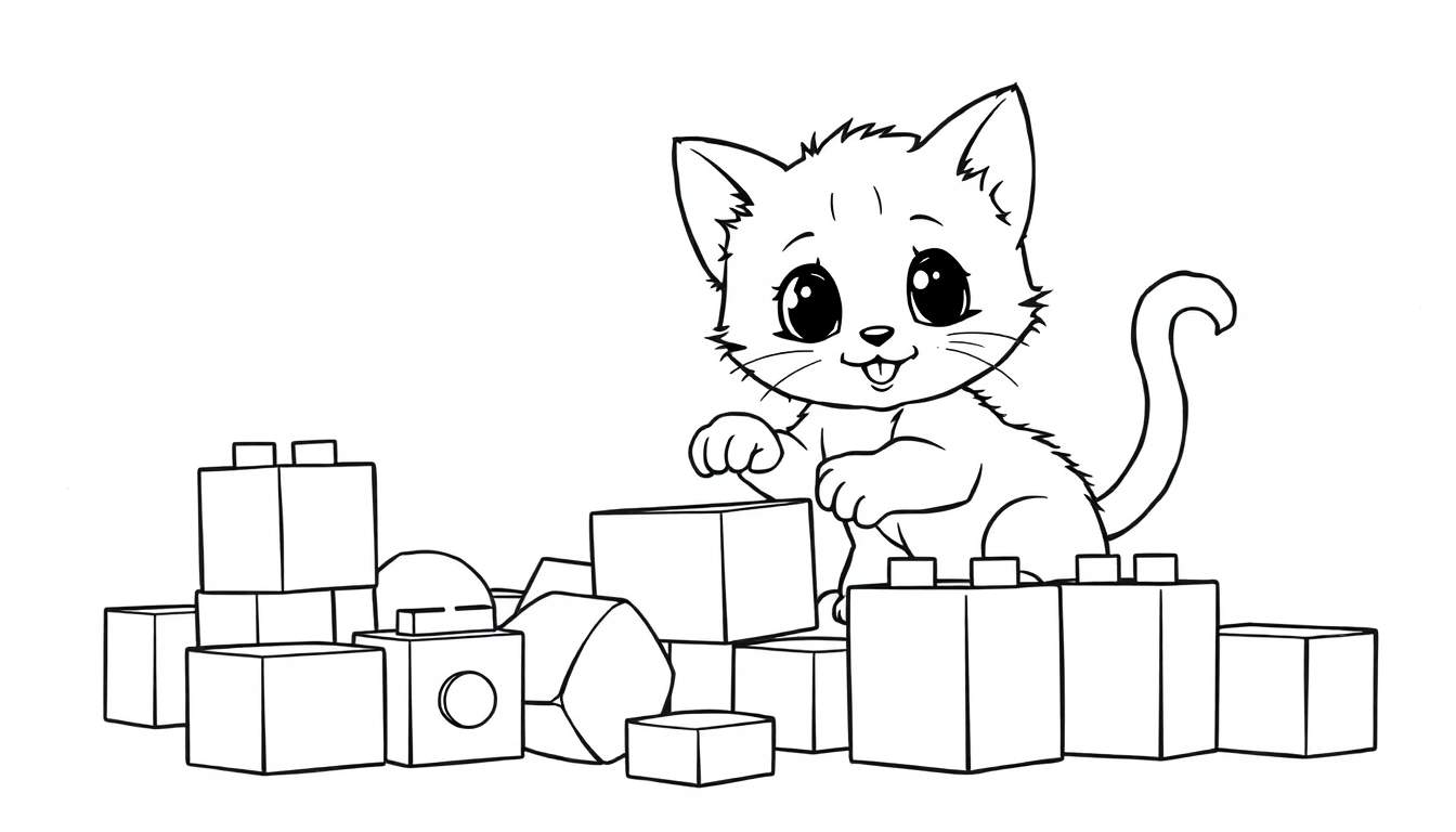 Un gatito adorable jugando con una placa de color de bloques.