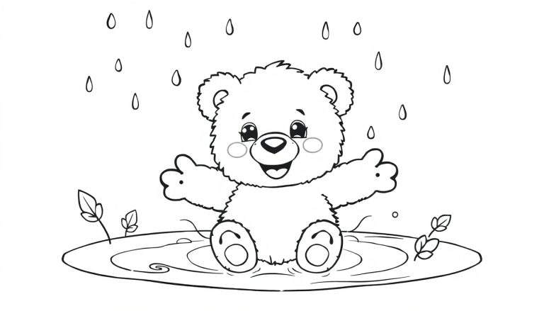 Osito de peluche feliz bajo la lluvia en una página para colorear.
