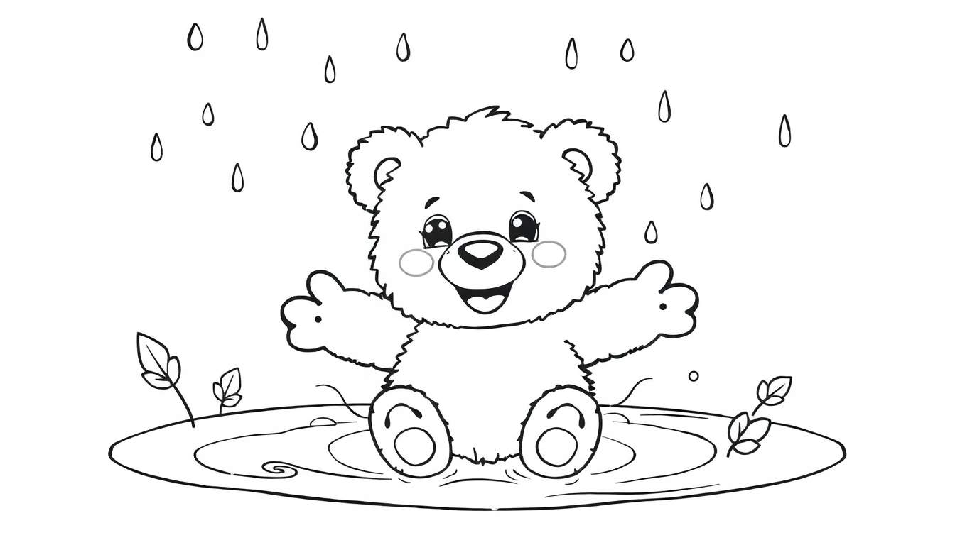 Osito de peluche feliz bajo la lluvia en una página para colorear.