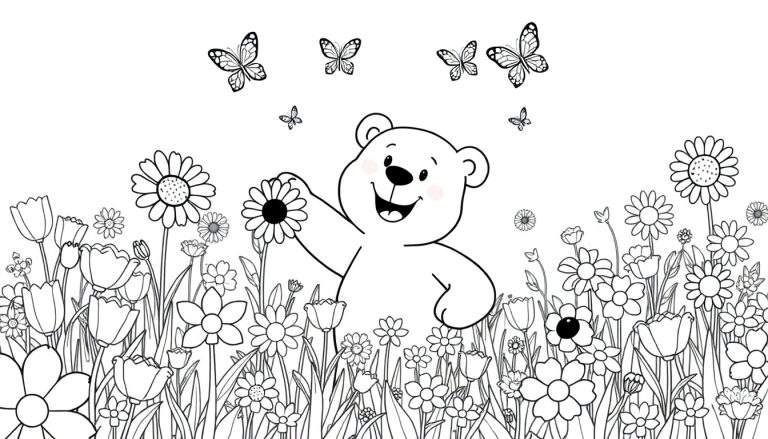 Placa de color de un oso feliz con una flor en un campo de flores con mariposas.