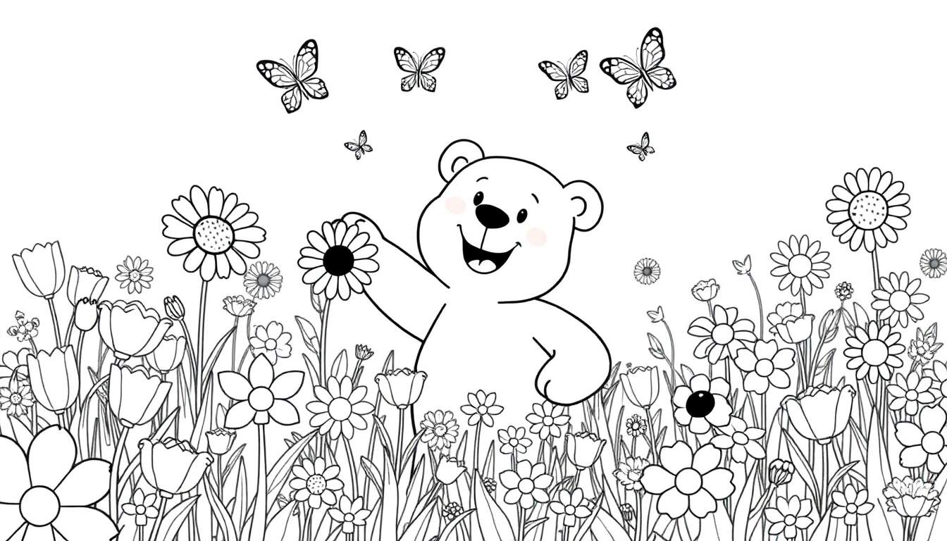 Placa de color de un oso feliz con una flor en un campo de flores con mariposas.
