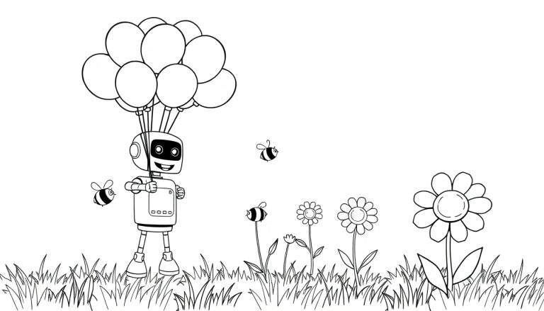 Una placa de color de un robot amigable contando abejas, rodeado de flores y globos.