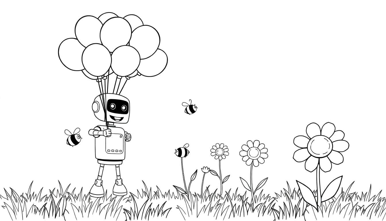 Una placa de color de un robot amigable contando abejas, rodeado de flores y globos.