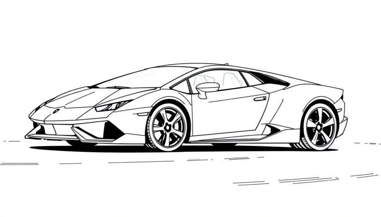 Un dibujo lineal en blanco y negro de un coche deportivo Lamborghini Huracán, listo para ser coloreado. La placa de color está en blanco y negro, esperando tus toques de color.