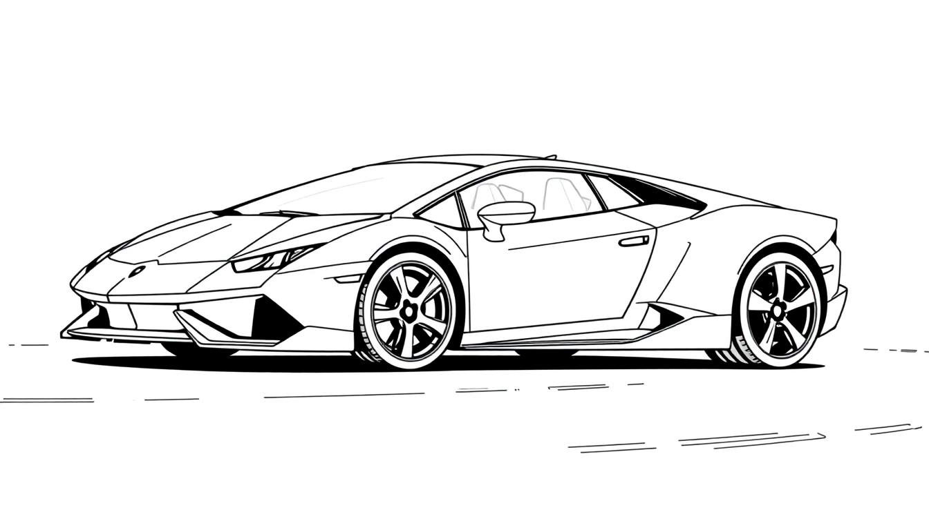 Un dibujo lineal en blanco y negro de un coche deportivo Lamborghini Huracán, listo para ser coloreado. La placa de color está en blanco y negro, esperando tus toques de color.
