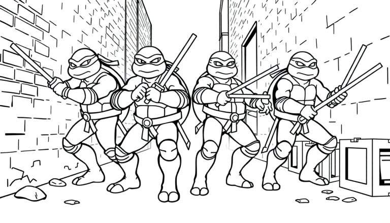 Página para colorear de las Tortugas Ninja en un callejón, lista para la acción, mostrando a Leonardo, Donatello, Michelangelo y Raphael con sus armas.